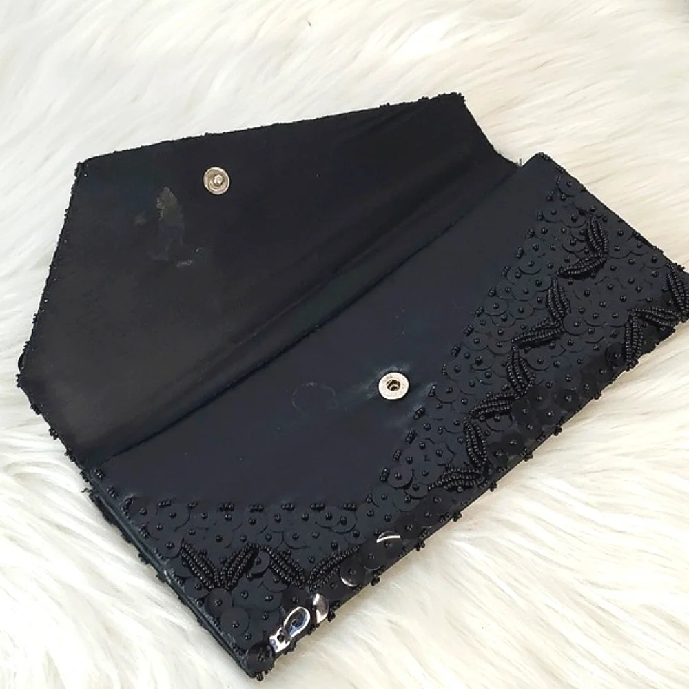 Vintage Full Sequin Beaded Black Flapper Style Clutch Wallet Gothic Hong Kong - Picture 5 of 14
